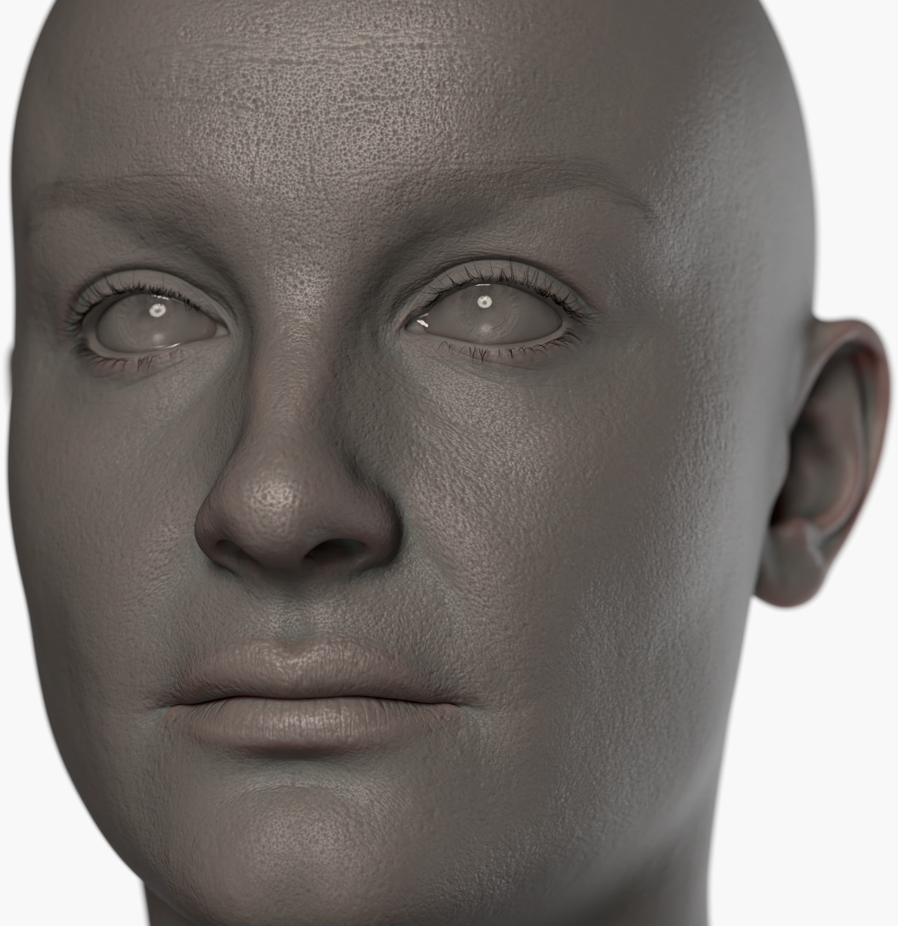 Clay render of a female head 3D scan highlighting fine skin pore detail and surface topology across the face